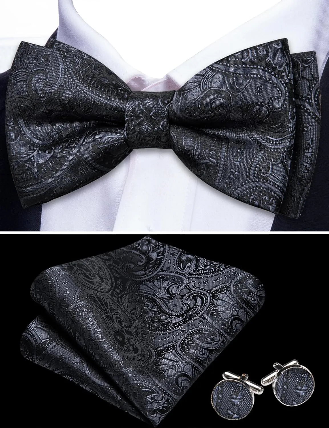 Men Bow Ties Set and Lapel Pin Pretied Silk Paisley Floral Bowtie Handkerchief Cufflinks Wedding Business Tuxedo