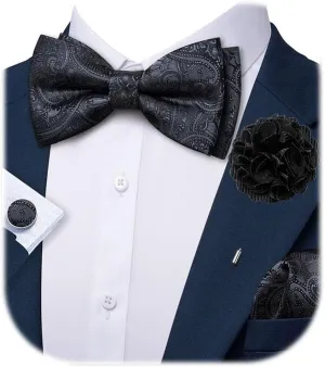 Men Bow Ties Set and Lapel Pin Pretied Silk Paisley Floral Bowtie Handkerchief Cufflinks Wedding Business Tuxedo