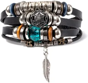 Mens Bohemian Leather Bracelet Adjustable, Evil Eyes/Feather/Peace Symbol/Owl Braided Bracelet for Men