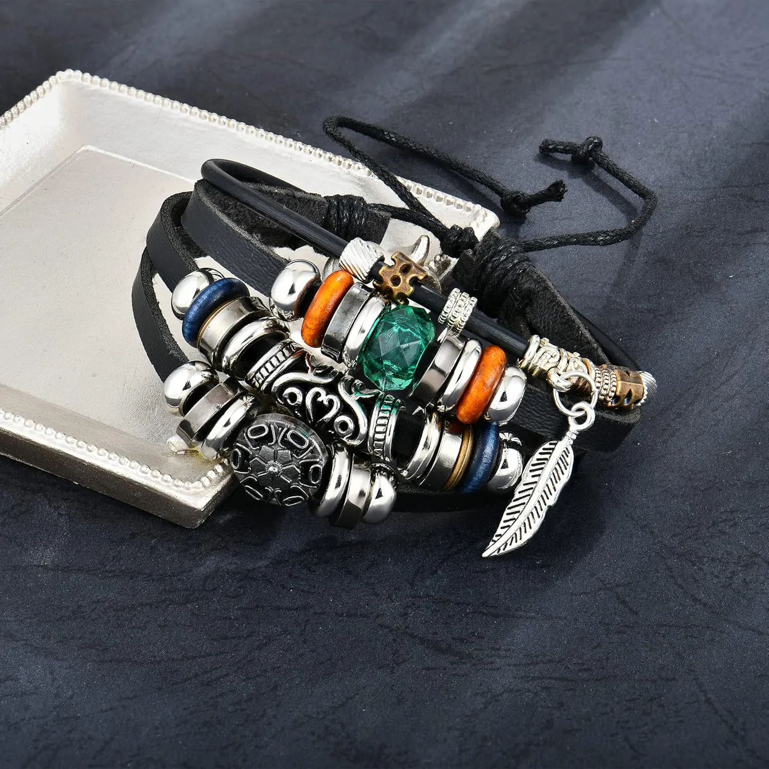 Mens Bohemian Leather Bracelet Adjustable, Evil Eyes/Feather/Peace Symbol/Owl Braided Bracelet for Men