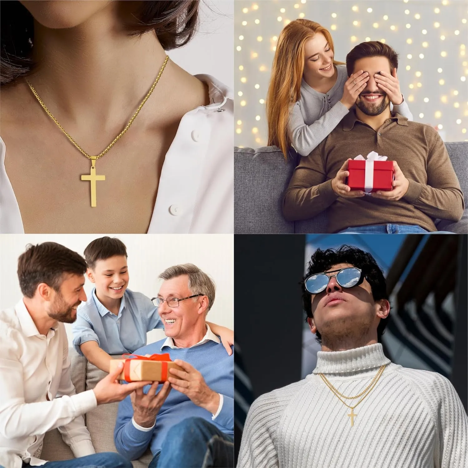 Men's Cross Necklace, Silver Gold Stainless Steel Solid Cross Pendant Necklace, Men's Necklace, Chain, Men's Square Chain, Men's Pendant Necklace. Holiday Gifts for Boyfriend and Father.