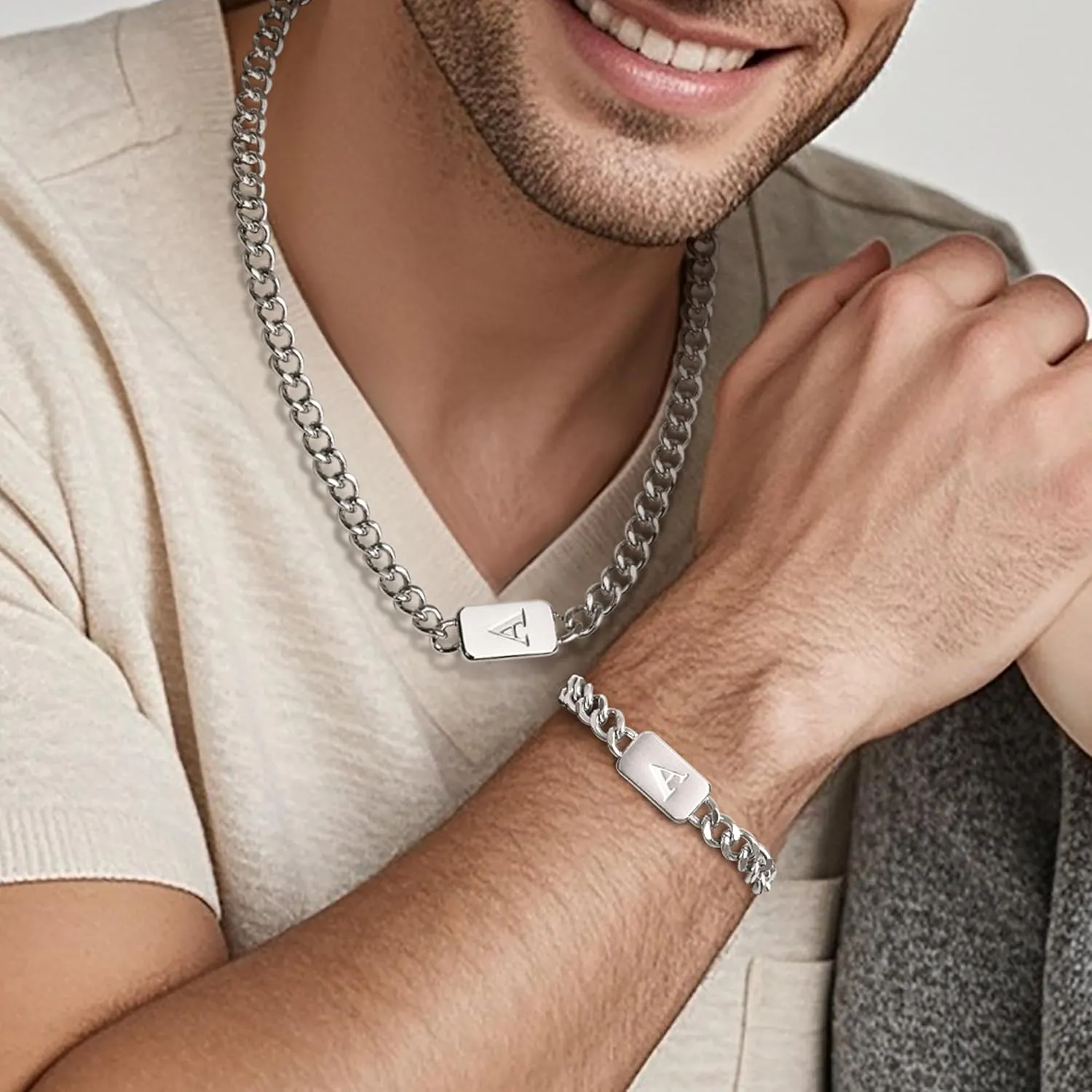 men's silver initial necklace bracelet Jewelery set for boy 2pcs Cuban chain Personalized name letters A-Z adjustable stainless steel link for men gift for him/her gift for boyfriend boys son