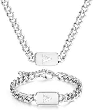 men's silver initial necklace bracelet Jewelery set for boy 2pcs Cuban chain Personalized name letters A-Z adjustable stainless steel link for men gift for him/her gift for boyfriend boys son