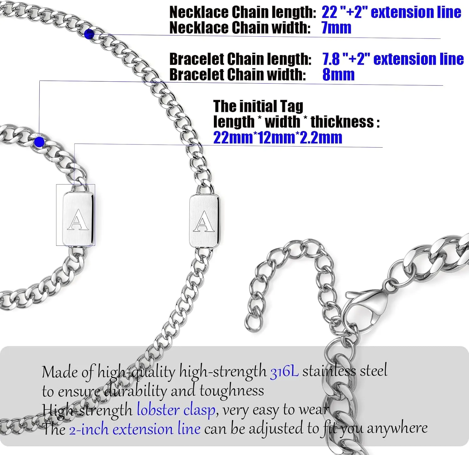 men's silver initial necklace bracelet Jewelery set for boy 2pcs Cuban chain Personalized name letters A-Z adjustable stainless steel link for men gift for him/her gift for boyfriend boys son