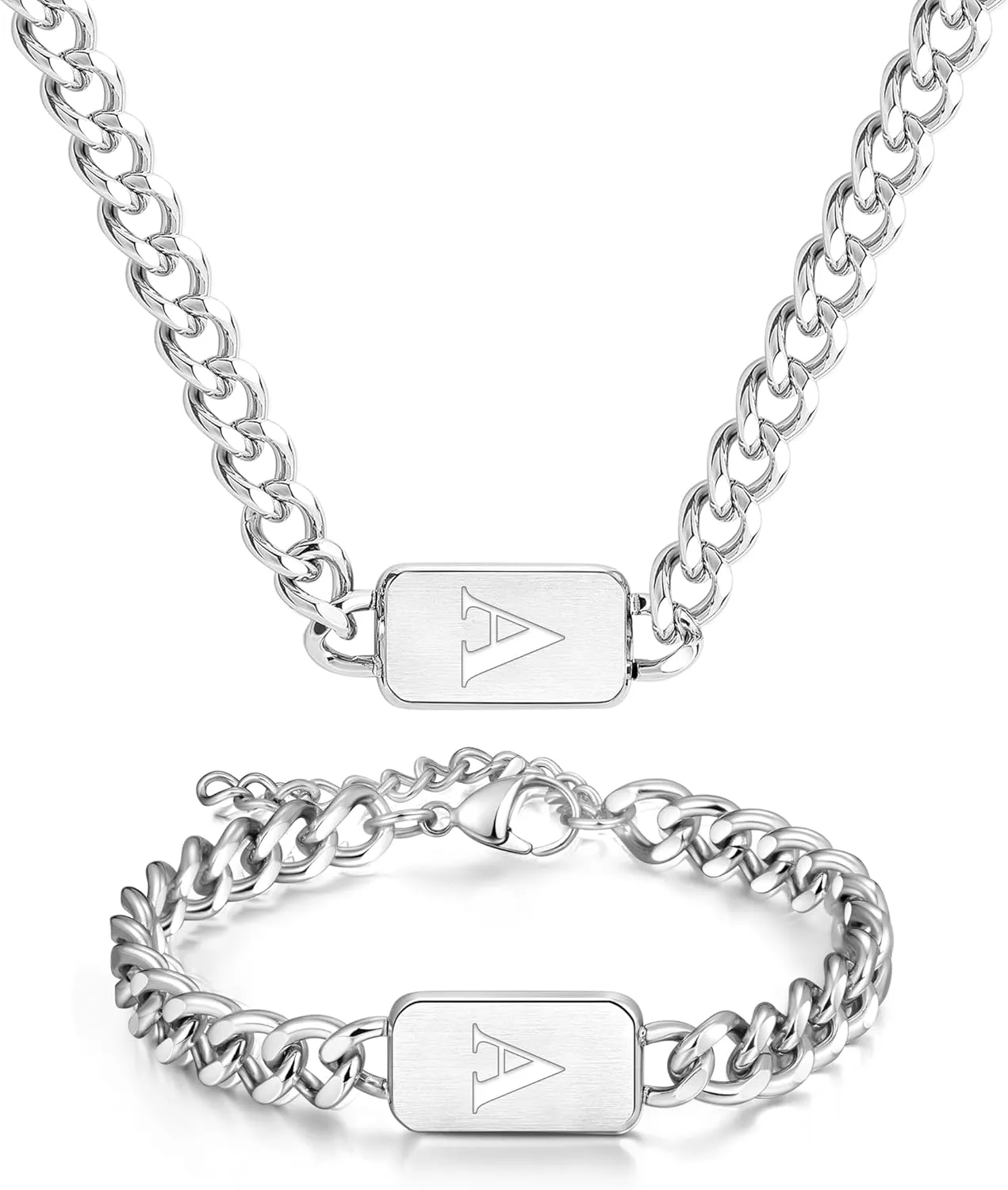 men's silver initial necklace bracelet Jewelery set for boy 2pcs Cuban chain Personalized name letters A-Z adjustable stainless steel link for men gift for him/her gift for boyfriend boys son