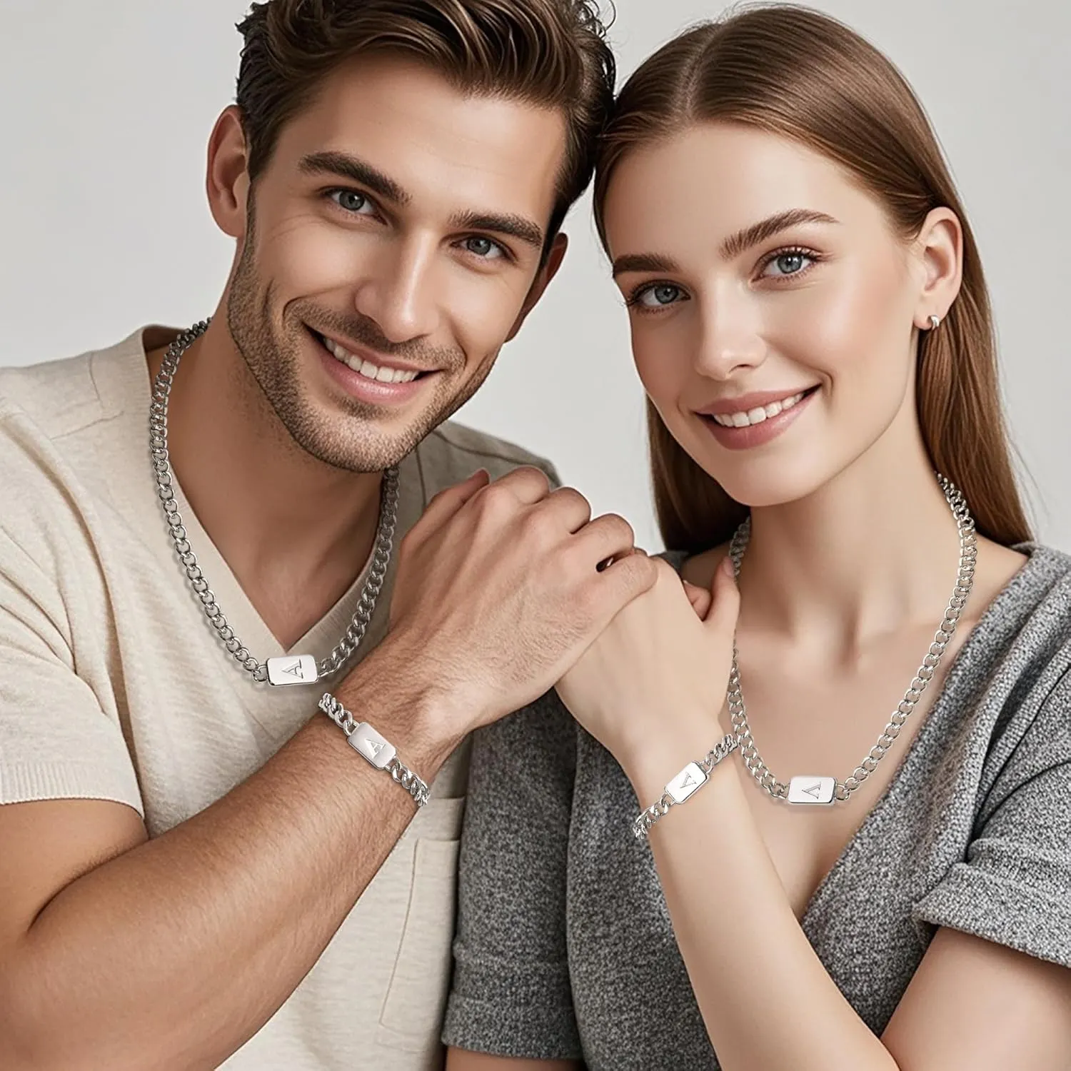 men's silver initial necklace bracelet Jewelery set for boy 2pcs Cuban chain Personalized name letters A-Z adjustable stainless steel link for men gift for him/her gift for boyfriend boys son