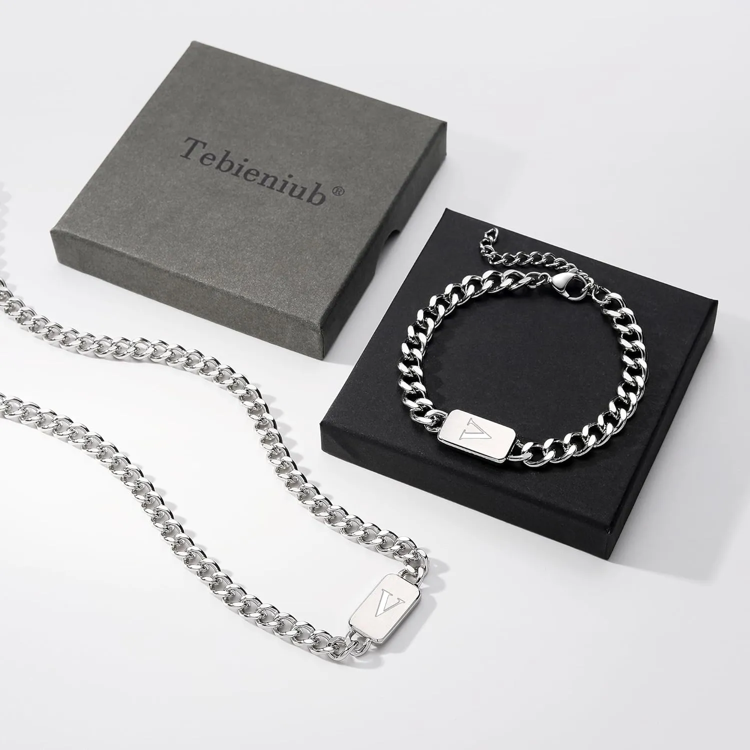 men's silver initial necklace bracelet Jewelery set for boy 2pcs Cuban chain Personalized name letters A-Z adjustable stainless steel link for men gift for him/her gift for boyfriend boys son