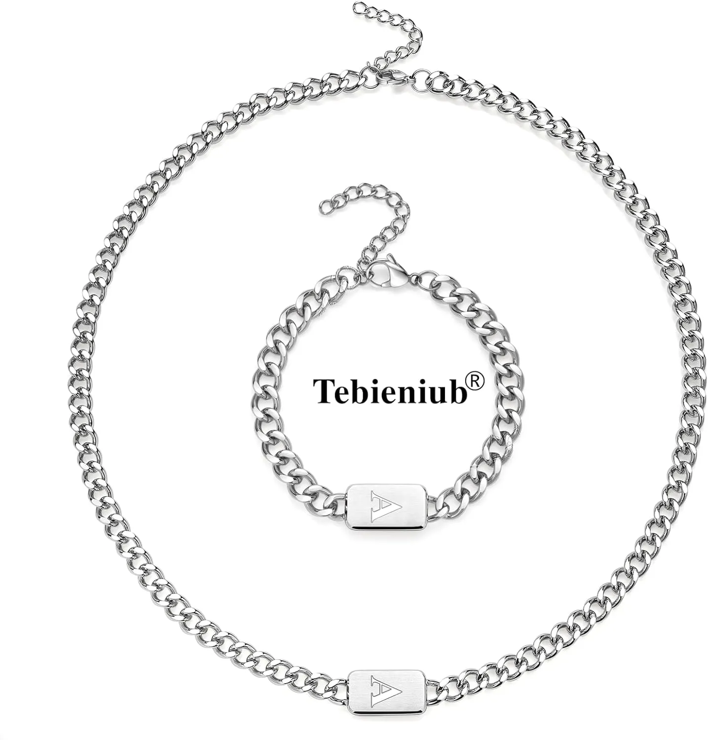 men's silver initial necklace bracelet Jewelery set for boy 2pcs Cuban chain Personalized name letters A-Z adjustable stainless steel link for men gift for him/her gift for boyfriend boys son