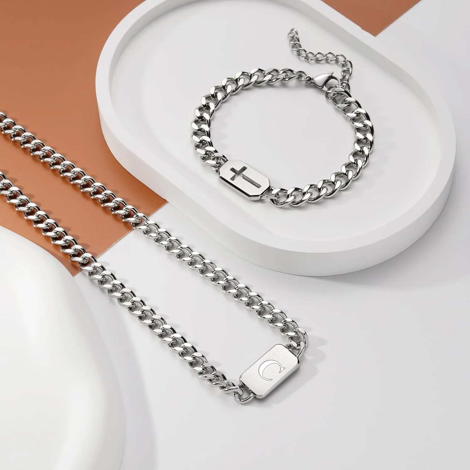 men's silver initial necklace bracelet Jewelery set for boy 2pcs Cuban chain Personalized name letters A-Z adjustable stainless steel link for men gift for him/her gift for boyfriend boys son