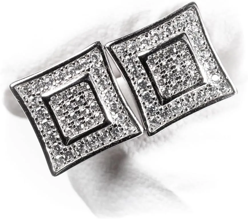 Mens Square White Gold 925 Sterling Silver Hypoallergenic Micro Pave 3D Iced 5A Cz Hip Hop Screw Back Post Stud Earrings For Men Women Jewelry Gifts
