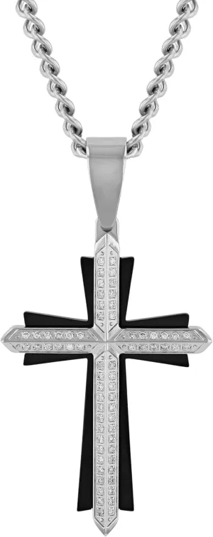 Men's Stainless Steel Diamond Pave Cross Pendant Necklace, Layered Design on 24 L316 Steel Cable Chain