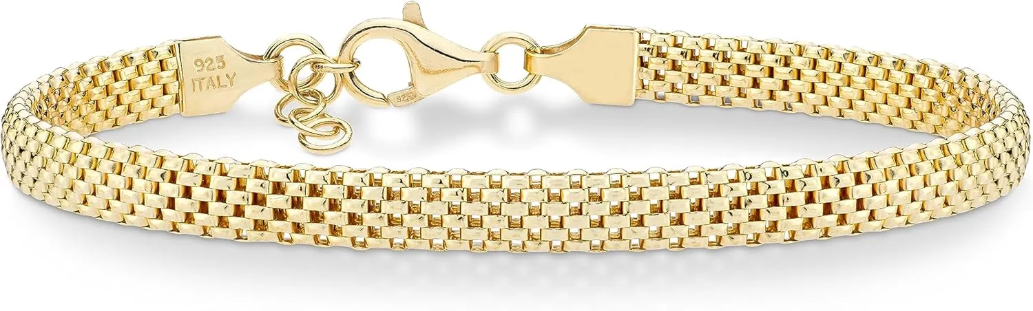 Miabella 18K Gold Over Sterling Silver Italian 5mm Mesh Link Chain Bracelet for Women, 925 Made in Italy