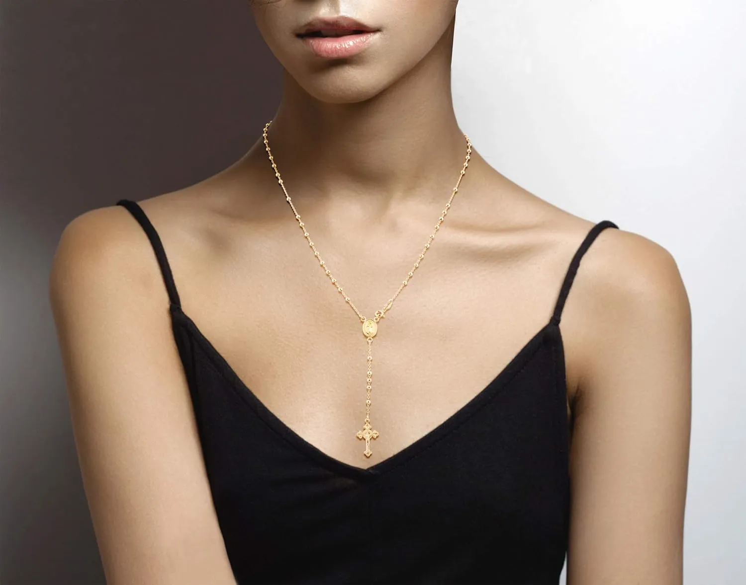 Miabella Italian 925 Sterling Silver or 18K Gold Plated Rosary Bead Cross Y Necklace Chain for Women
