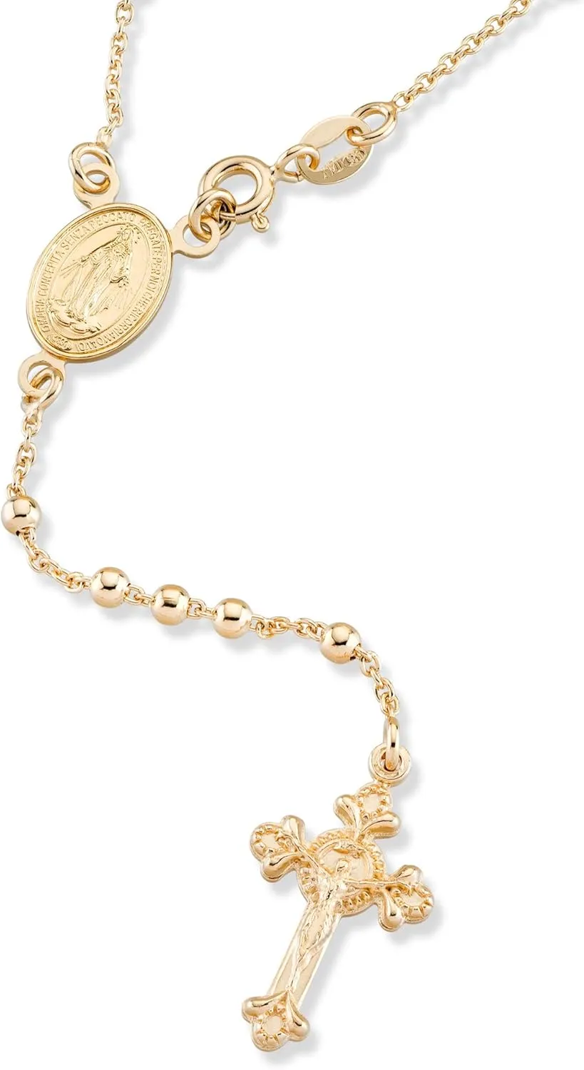 Miabella Italian 925 Sterling Silver or 18K Gold Plated Rosary Bead Cross Y Necklace Chain for Women