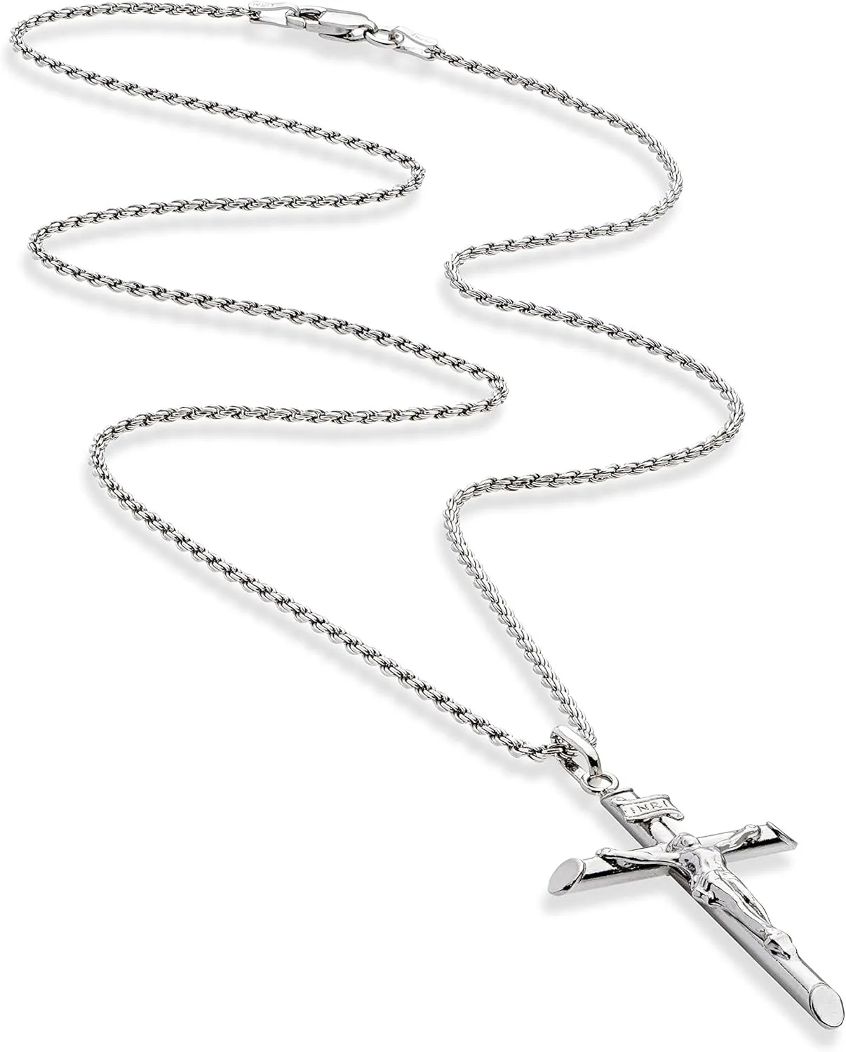 Miabella Rhodium Plated 925 Sterling Silver Small or Large Crucifix Necklace for Men Women, Cross Pendant with Rope Chain, Made in Italy
