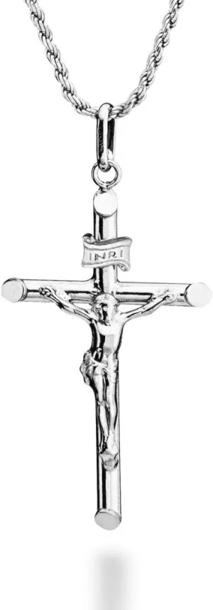 Miabella Rhodium Plated 925 Sterling Silver Small or Large Crucifix Necklace for Men Women, Cross Pendant with Rope Chain, Made in Italy