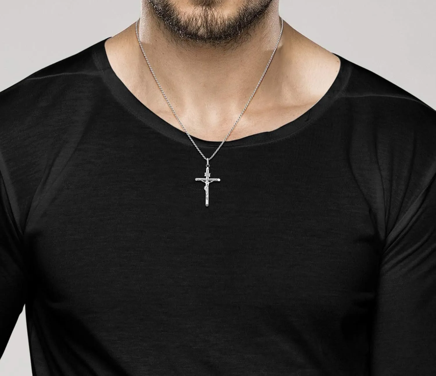 Miabella Rhodium Plated 925 Sterling Silver Small or Large Crucifix Necklace for Men Women, Cross Pendant with Rope Chain, Made in Italy
