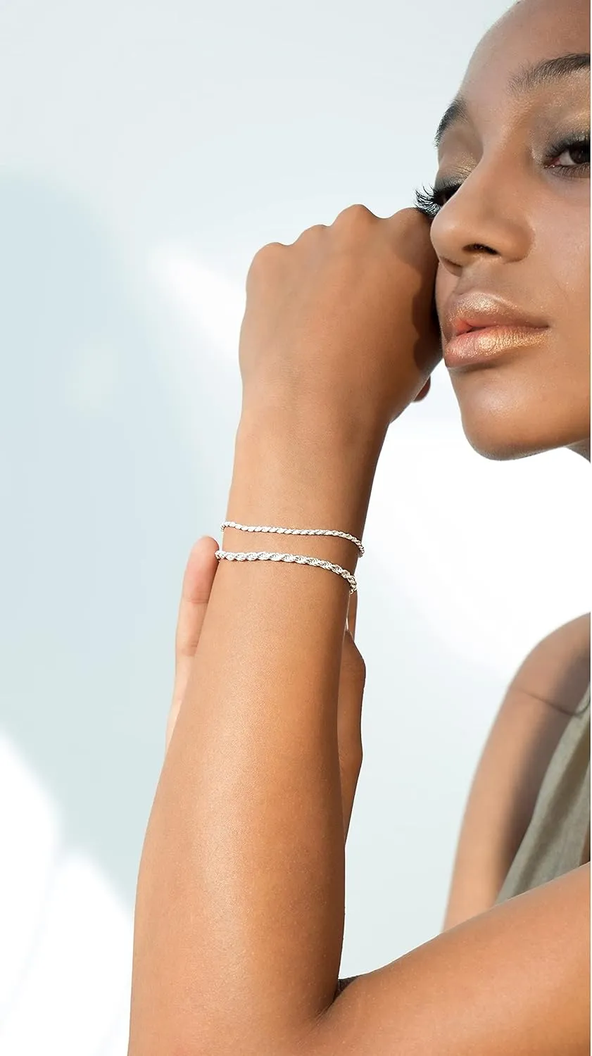 Miabella Solid 925 Sterling Silver Italian 2mm, 3mm Diamond-Cut Braided Rope Chain Bracelet for Women Men, Made in Italy