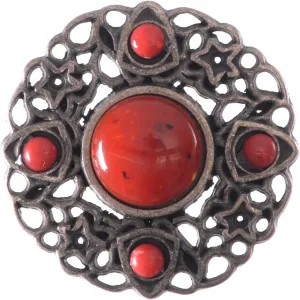 Mibo Zinc Die Cast Brooch Pin - 76mm(Diam) - Round Filigree Design with Cabochon Stones - Antique Gold/Coral - Antique Nickel/Coral - Antique Nickel/Turquoise