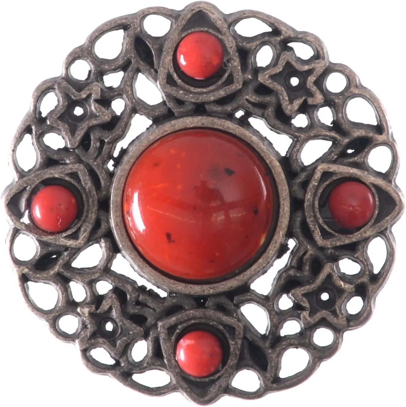 Mibo Zinc Die Cast Brooch Pin - 76mm(Diam) - Round Filigree Design with Cabochon Stones - Antique Gold/Coral - Antique Nickel/Coral - Antique Nickel/Turquoise