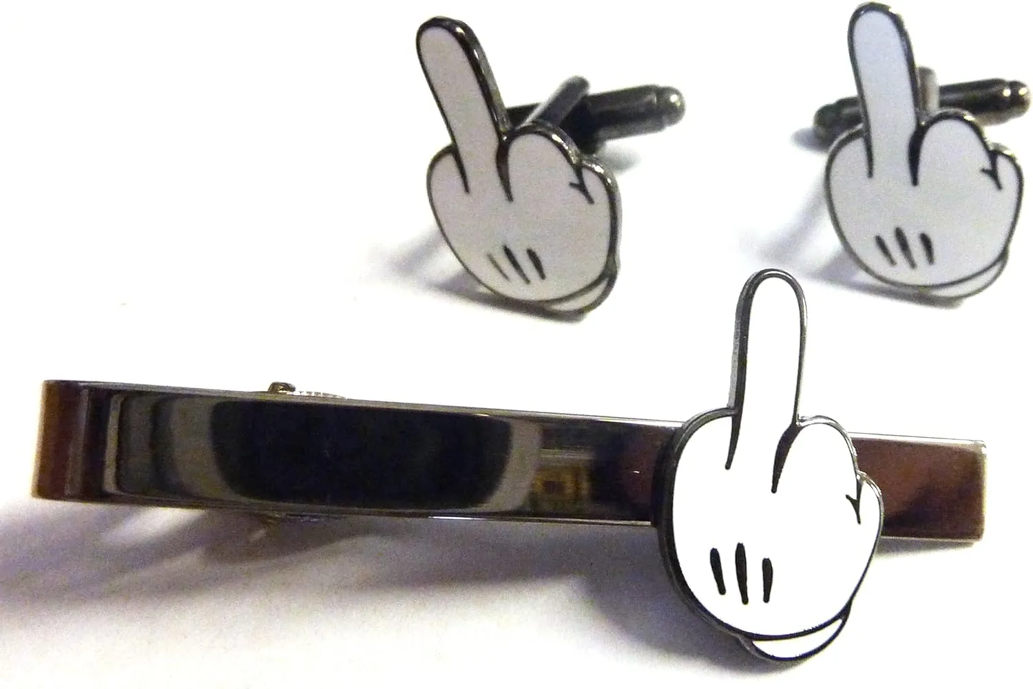 Mickey Mouse Middle Finger TIE BAR CLIP CUFFLINKS SET