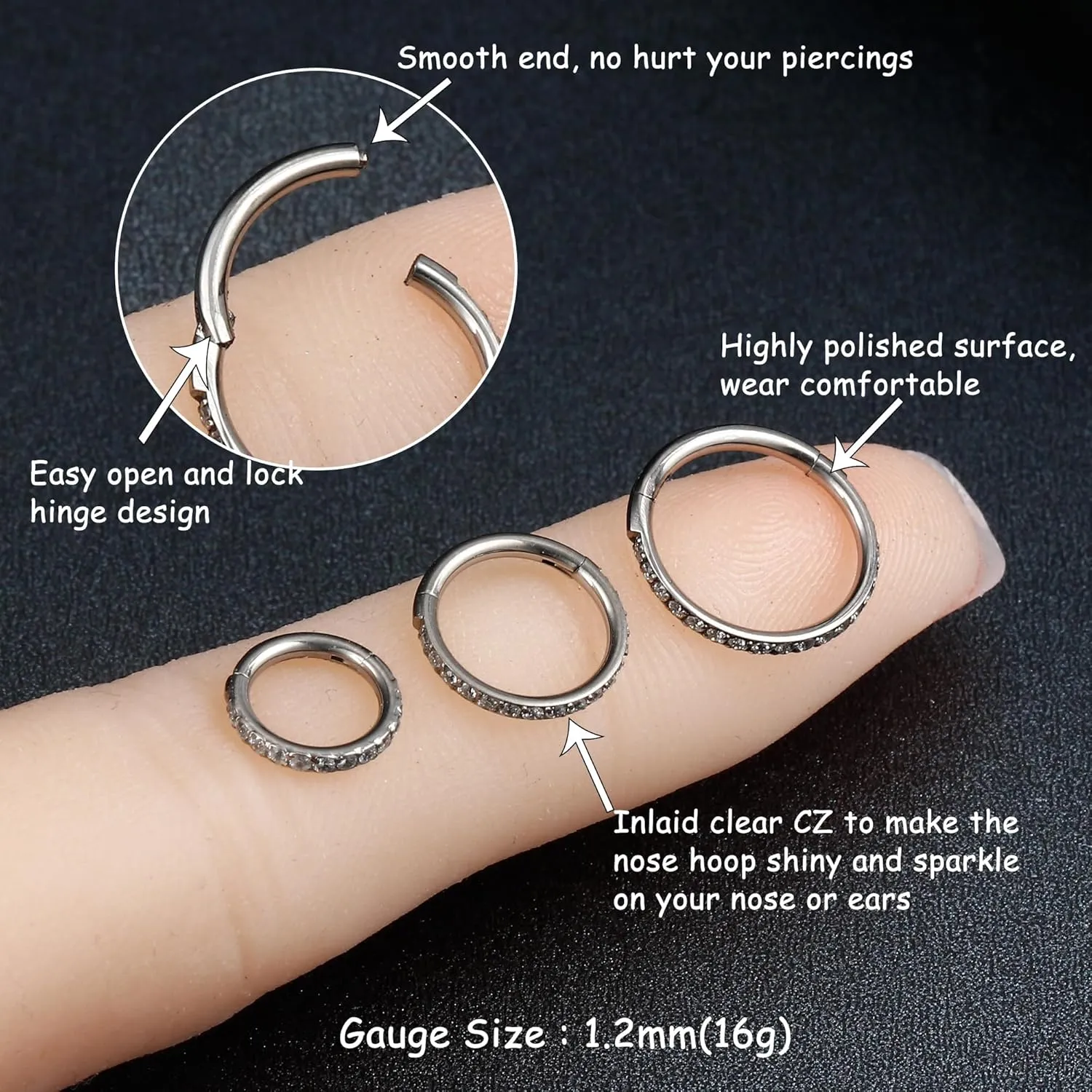 Milacolato 1Pcs G23 Titanium Nose Rings Hoops Hypoallergenic Conch Piercing Jewelry 16G 18G 20G Hinged Segment CZ Paved Clicker Rings for Septum Cartilage Daith Helix Rook Tragus Ear Lobe Earrings for Women Men 6mm/8mm/10mm
