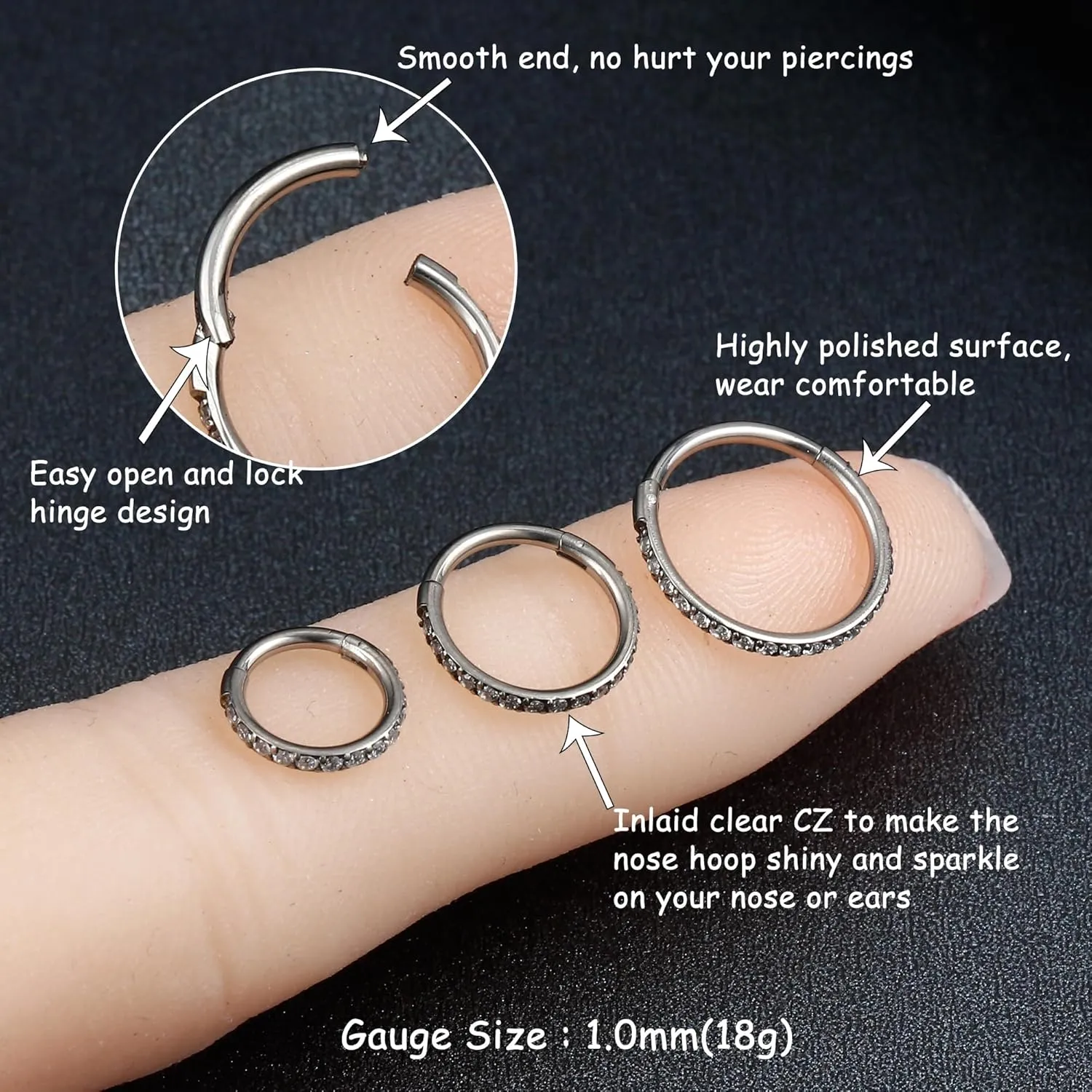 Milacolato 1Pcs G23 Titanium Nose Rings Hoops Hypoallergenic Conch Piercing Jewelry 16G 18G 20G Hinged Segment CZ Paved Clicker Rings for Septum Cartilage Daith Helix Rook Tragus Ear Lobe Earrings for Women Men 6mm/8mm/10mm