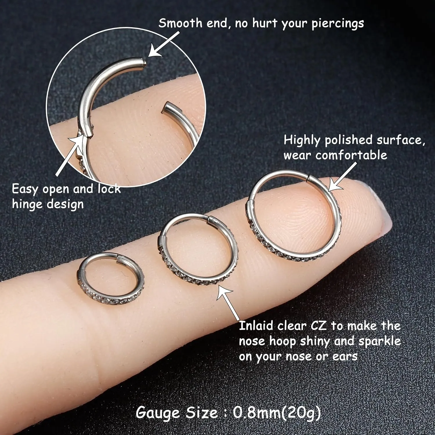 Milacolato 1Pcs G23 Titanium Nose Rings Hoops Hypoallergenic Conch Piercing Jewelry 16G 18G 20G Hinged Segment CZ Paved Clicker Rings for Septum Cartilage Daith Helix Rook Tragus Ear Lobe Earrings for Women Men 6mm/8mm/10mm
