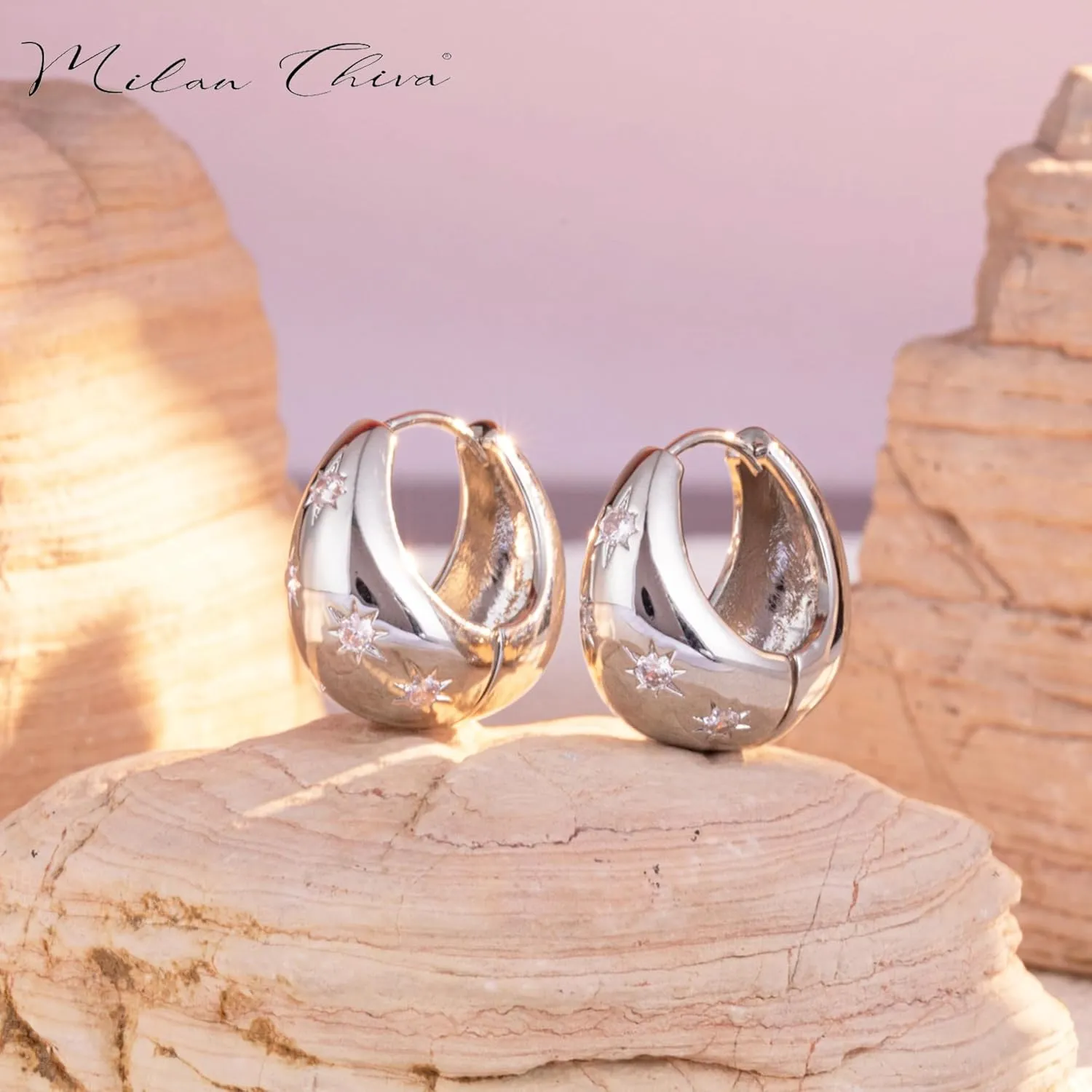 Milan Chiva Gold Plated Huggie Earrings for Women 14K Post Chunky Hoops Statement Looped Jewelry