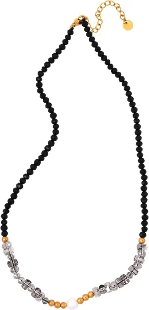 MINACHI Acrylic Gravel Beads Choker Necklace, Black Grey Gold-Toned Beads with Imitation-Pearl Pendant, Bohemian Vintage Chunky Costume Jewelry for Women
