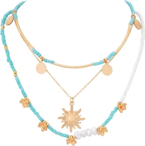 MINACHI Bohemian Created Turquoise Imitation Pearl Layered Necklace with Sunrise Pendant, Dainty Summer Jewelry for Women