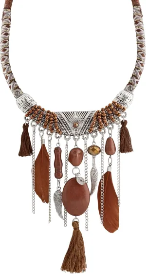 MINACHI Bohemian Feather Tassel Necklace, Irregular Stone Beads, Retro Exotic Pattern, Women's Jewelry