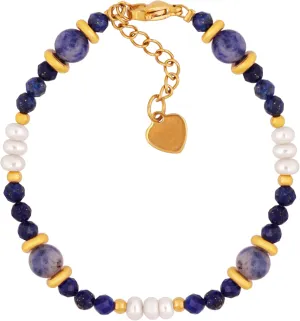 MINACHI Bohemian Retro Vintage Lapis Lazuli and Freshwater Pearl Beads Bracelet, Stainless Steel Clasp, Women's Gift Jewelry