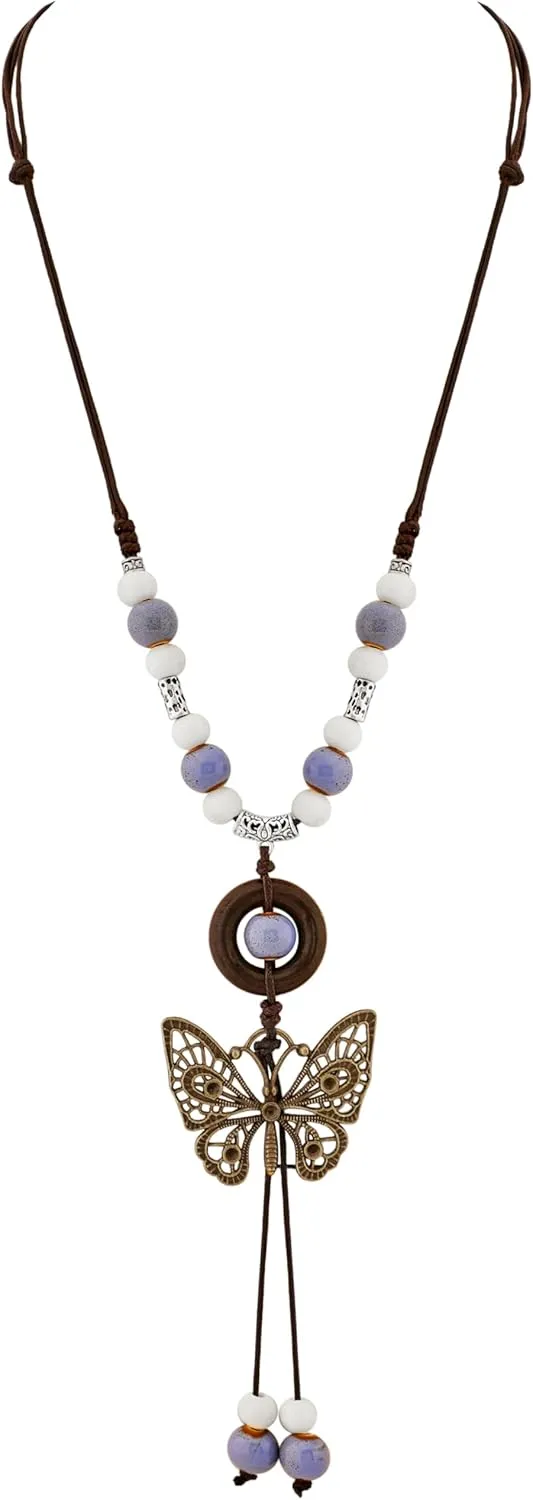 MINACHI Ceramic Beads Long Necklace, Purple White Beads with Wooden Hoop, Butterfly Pendant, Bohemian Vintage Chunky Costume Jewelry for Women