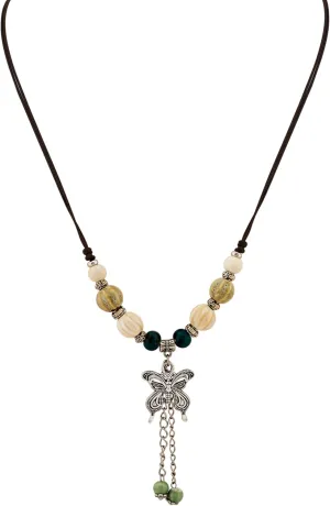 MINACHI Ceramic Beads Long Necklace, Watermelon Beads with Butterfly and Leaves Pendant, Bohemian Vintage Chunky Costume Jewelry for Women