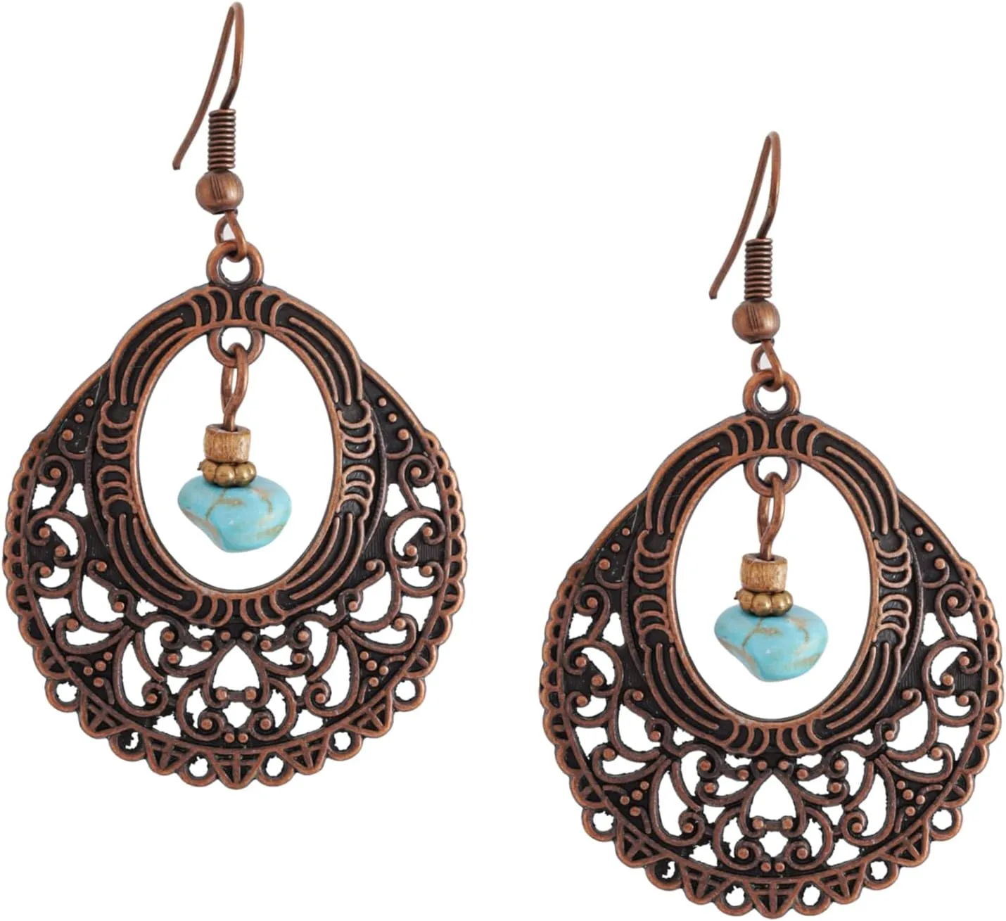MINACHI Copper Antique Earrings, Created Turquoise Stone, Vintage Hippie Bohemian Retro Style, Antique Jewelry for Women