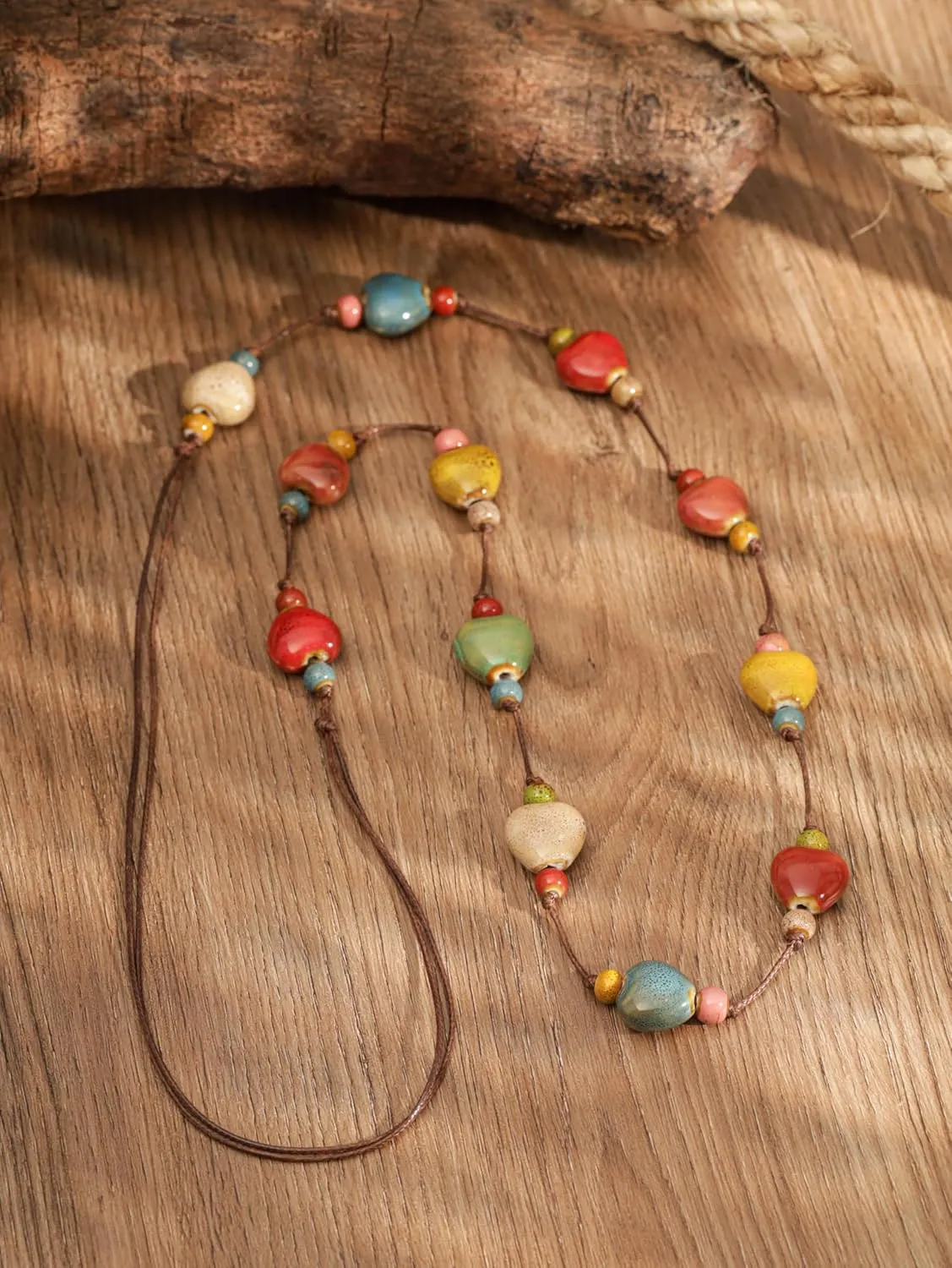 MINACHI Hippie Bohemian Colorful Ceramic Bead Long Strand Necklace, Boho Hippie Beach Summer Statement Jewelry Gift for Women