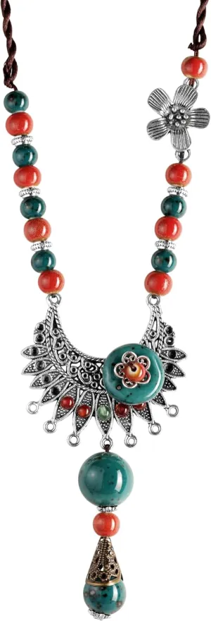 MINACHI Vintage Bohemian Colorful Ceramic Bead Antique Flower Y Necklace, Vintage Boho Hippie Statement Jewelry Gift for Women