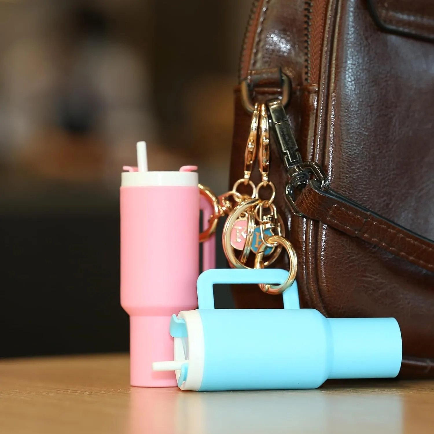 Mini Stanley Cup Keychain Accessories,Initial Letter Cute Tumbler Lip Chapstick Holder Key Chain Charms for Women Purse Bag