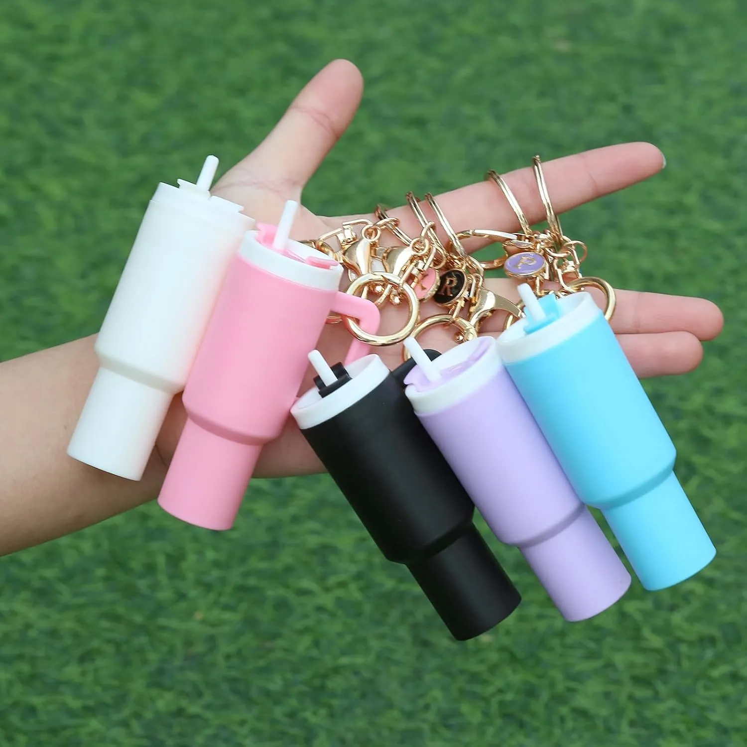 Mini Stanley Cup Keychain Accessories,Initial Letter Cute Tumbler Lip Chapstick Holder Key Chain Charms for Women Purse Bag