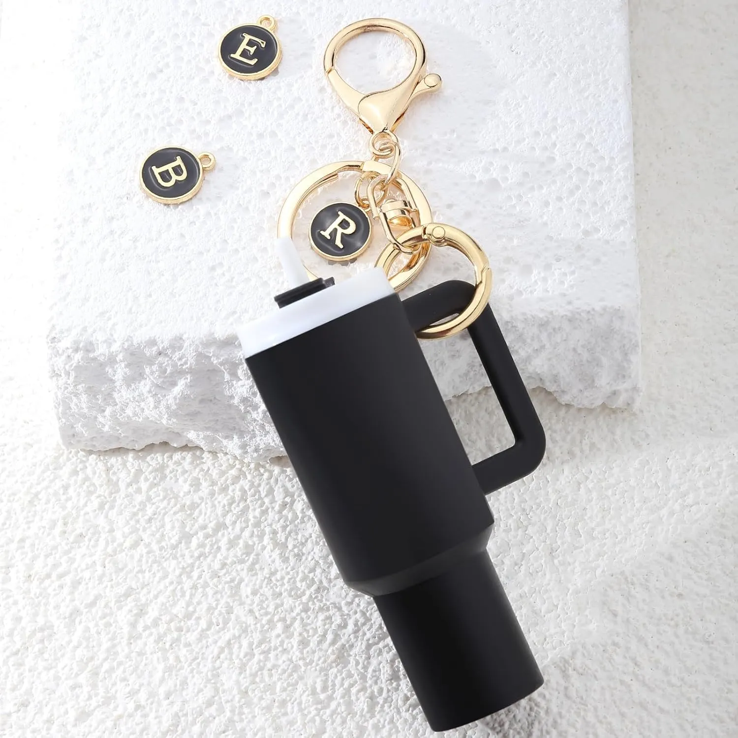 Mini Stanley Cup Keychain Accessories,Initial Letter Cute Tumbler Lip Chapstick Holder Key Chain Charms for Women Purse Bag