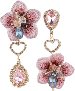 MLEPUS Asymmetric Flower Dangle Earrings, Fashion Unique Bohemian Pendant Earrings Crystal Rhinestone Flowers Earring for Women, Party and Daily Jewelry