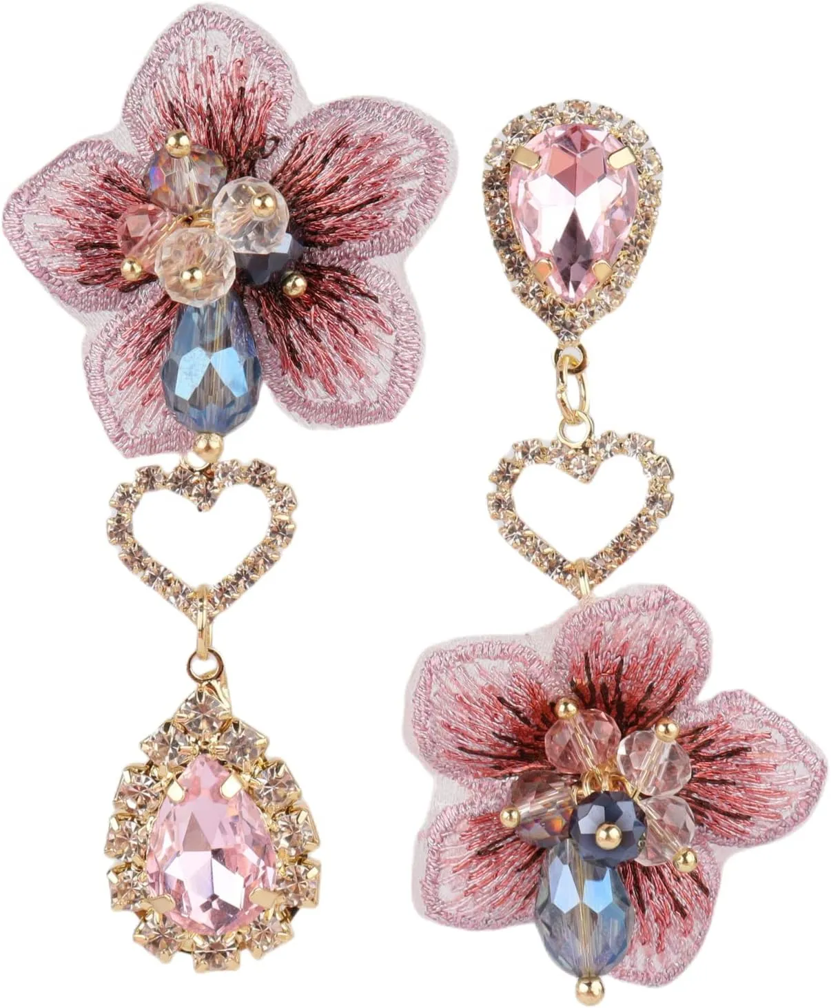 MLEPUS Asymmetric Flower Dangle Earrings, Fashion Unique Bohemian Pendant Earrings Crystal Rhinestone Flowers Earring for Women, Party and Daily Jewelry