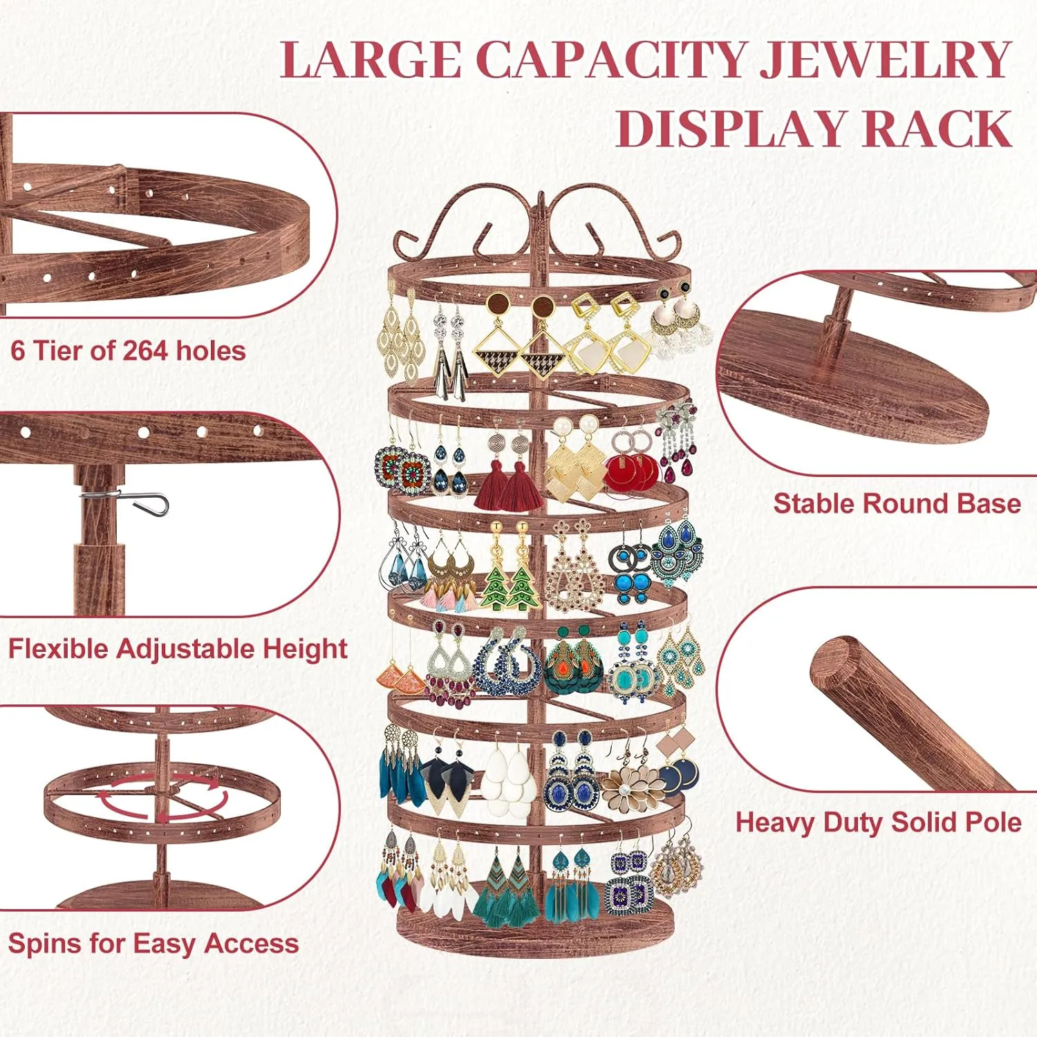MODOWEY 6 Tier Rotating Metal Earring Holder Organizer Stand Adjustable Display Tree for Women, 264 Holes Large Storage Rack for Stud Post Dangling Hoop, Keep Earrings Neatly Arranged(Bronze)