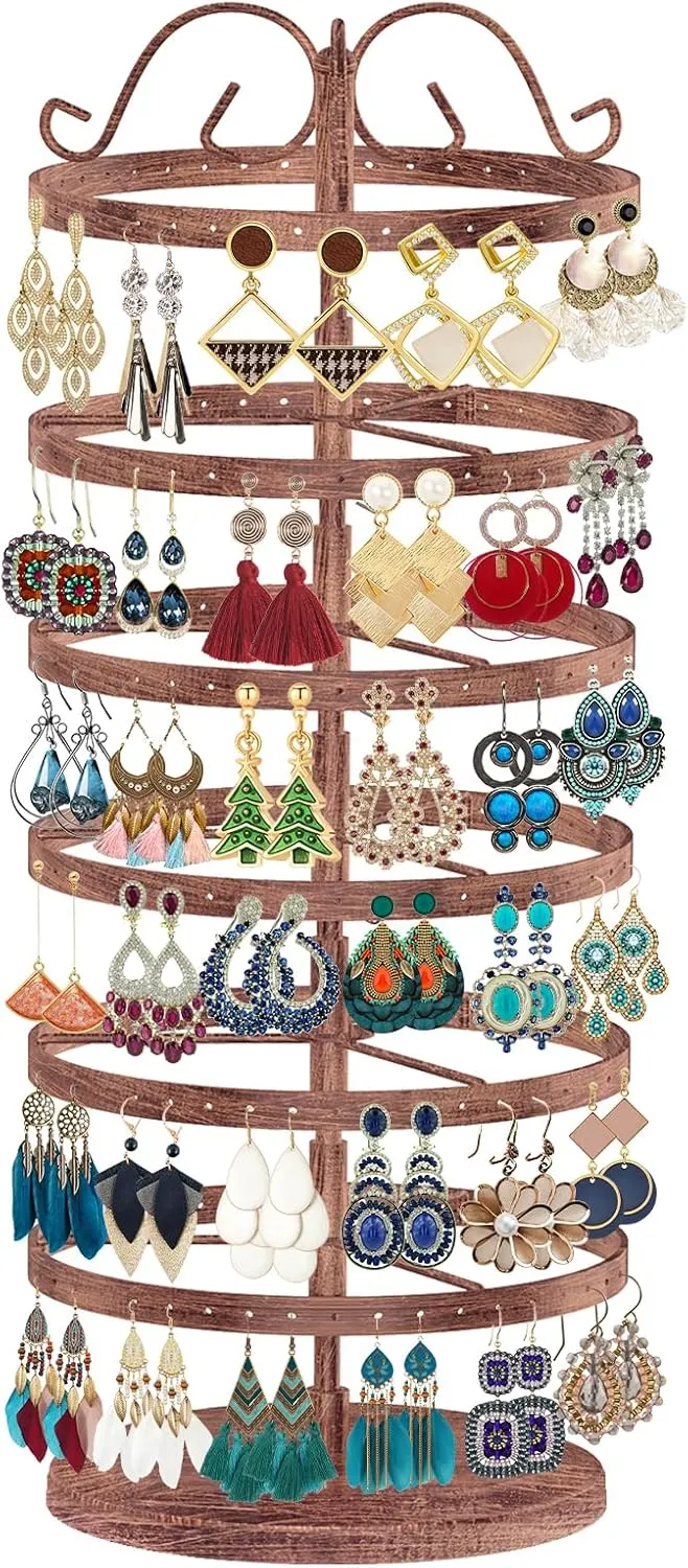 MODOWEY 6 Tier Rotating Metal Earring Holder Organizer Stand Adjustable Display Tree for Women, 264 Holes Large Storage Rack for Stud Post Dangling Hoop, Keep Earrings Neatly Arranged(Bronze)