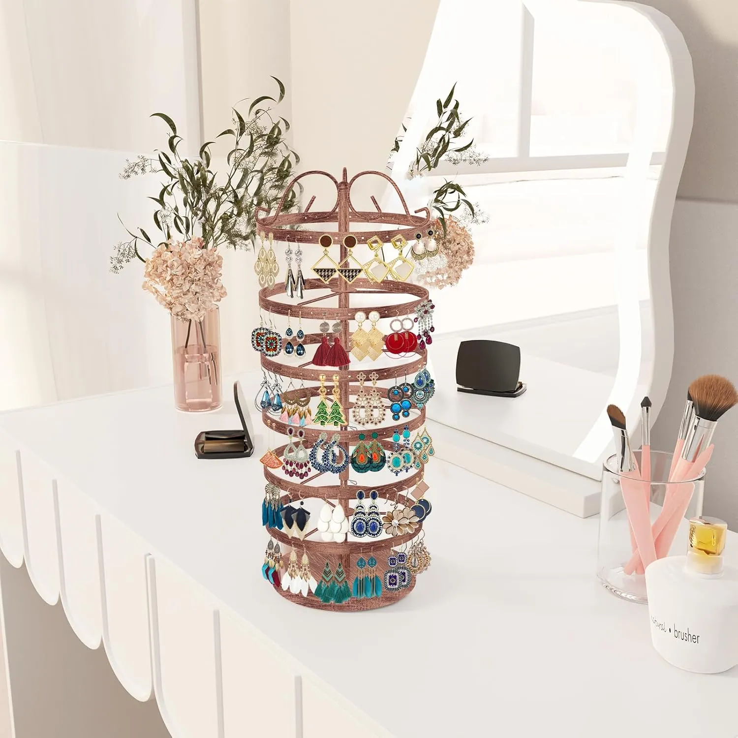 MODOWEY 6 Tier Rotating Metal Earring Holder Organizer Stand Adjustable Display Tree for Women, 264 Holes Large Storage Rack for Stud Post Dangling Hoop, Keep Earrings Neatly Arranged(Bronze)