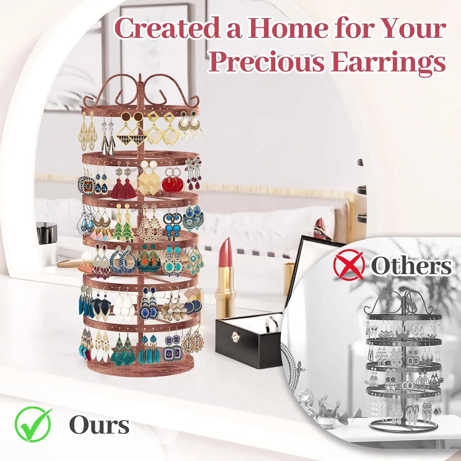 MODOWEY 6 Tier Rotating Metal Earring Holder Organizer Stand Adjustable Display Tree for Women, 264 Holes Large Storage Rack for Stud Post Dangling Hoop, Keep Earrings Neatly Arranged(Bronze)