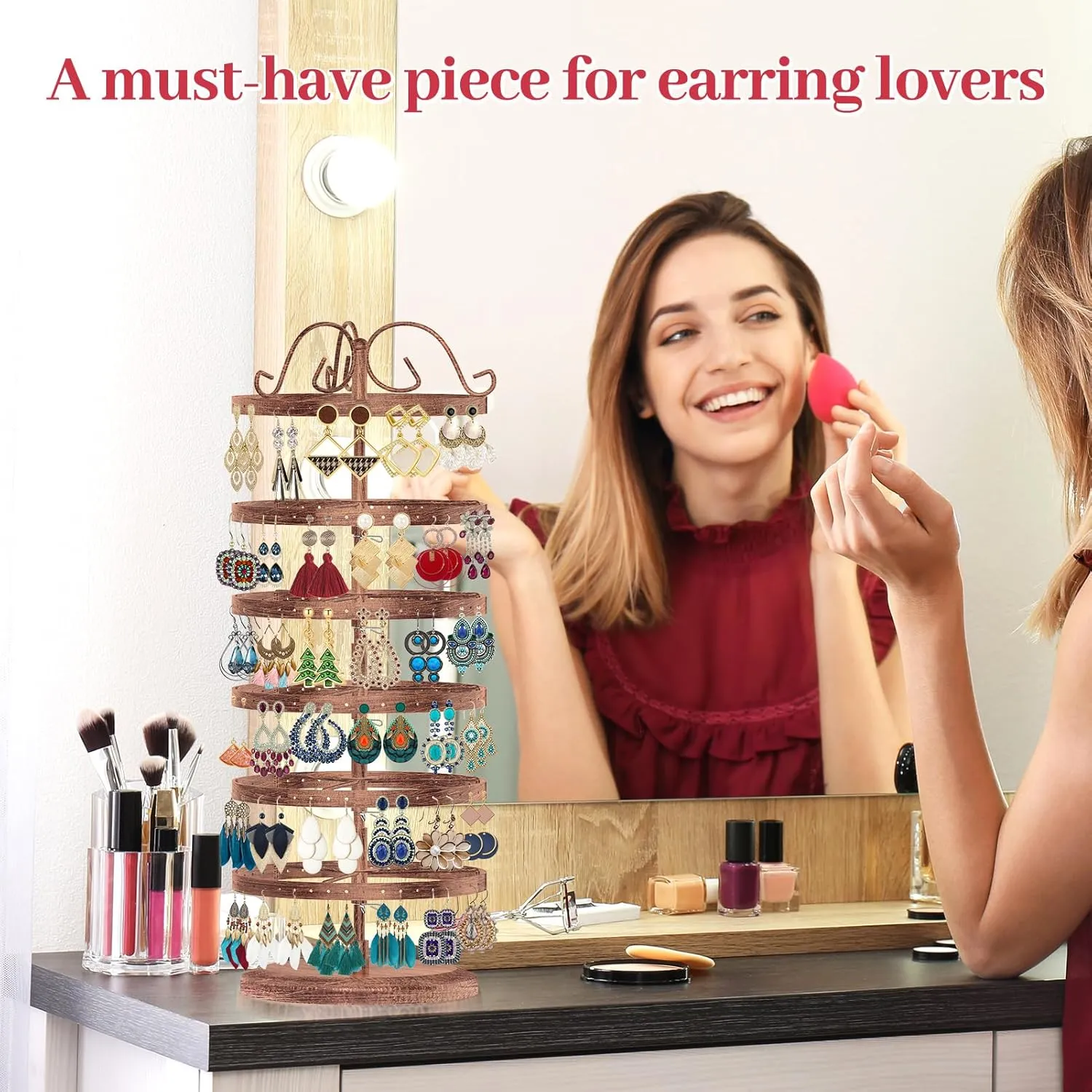 MODOWEY 6 Tier Rotating Metal Earring Holder Organizer Stand Adjustable Display Tree for Women, 264 Holes Large Storage Rack for Stud Post Dangling Hoop, Keep Earrings Neatly Arranged(Bronze)