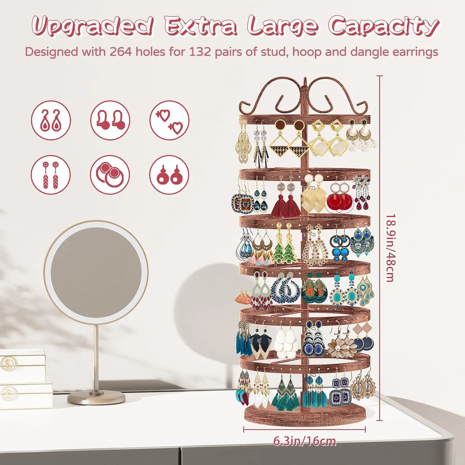 MODOWEY 6 Tier Rotating Metal Earring Holder Organizer Stand Adjustable Display Tree for Women, 264 Holes Large Storage Rack for Stud Post Dangling Hoop, Keep Earrings Neatly Arranged(Bronze)