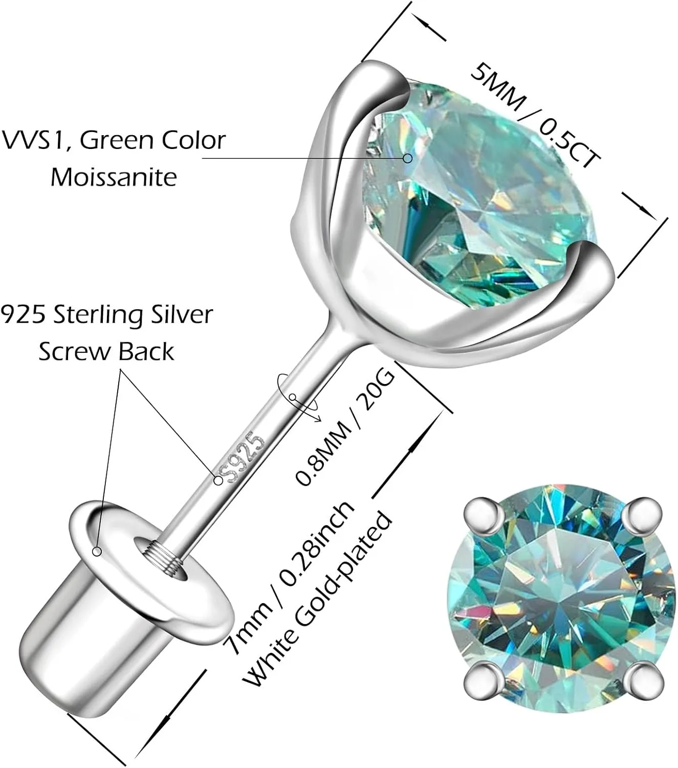 Moissanite Screw Back Earrings Studs - 0.6CT-2CT Moissanite Earrings for Women 925 Sterling Silver Piercing Real Colorful Moissan Hypoallergenic Jewelry Ear Stud Gifts
